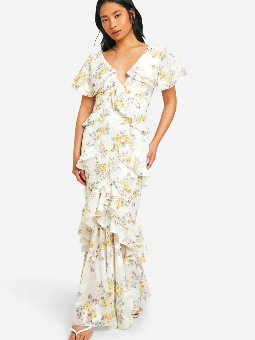 Boohoo White Maxi Dress with Yellow Floral Print